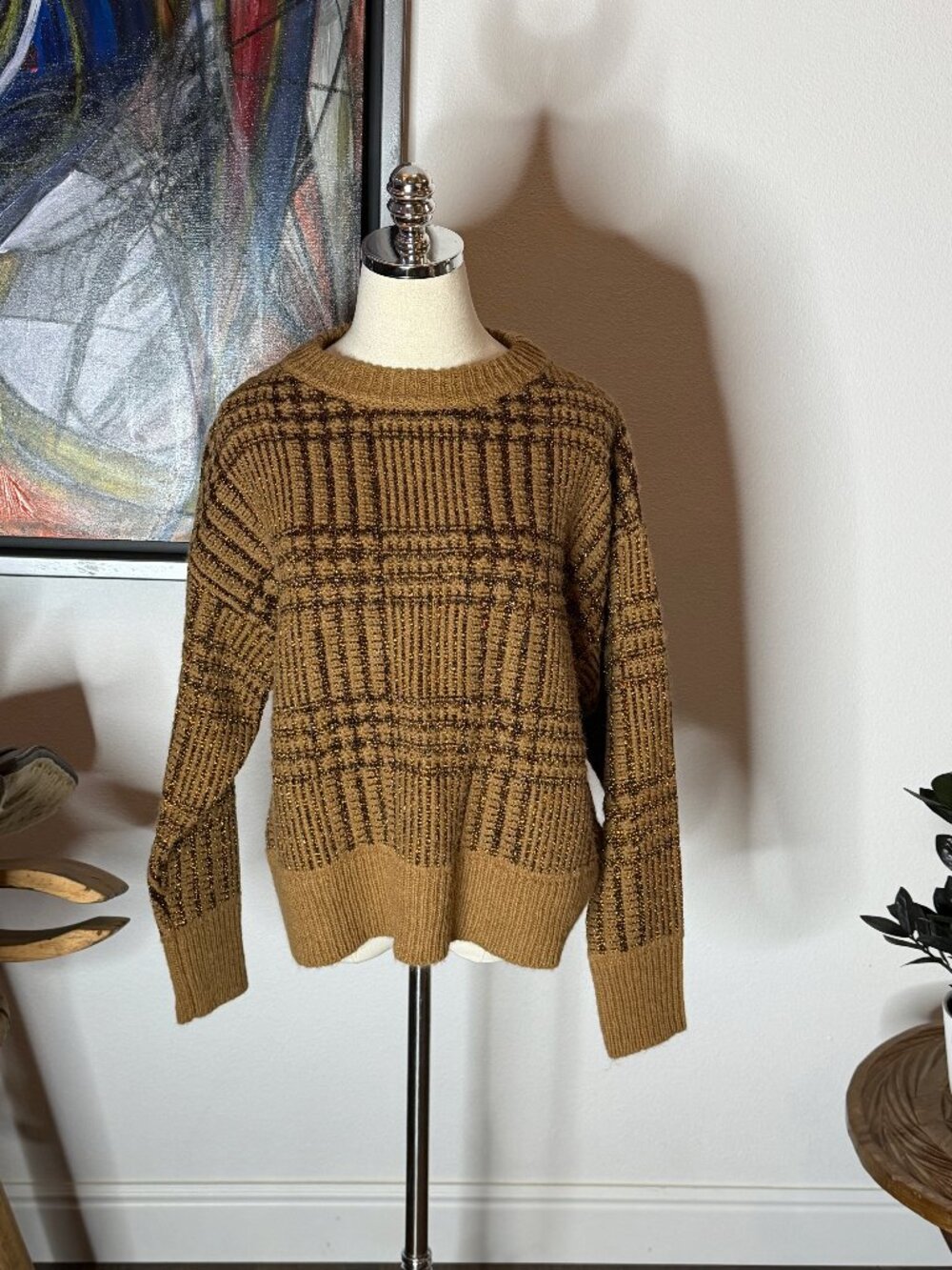 NEW Essentiel Antwerp Werfect Metallic Tartan Knit Pullover Sweater Metallic Sma